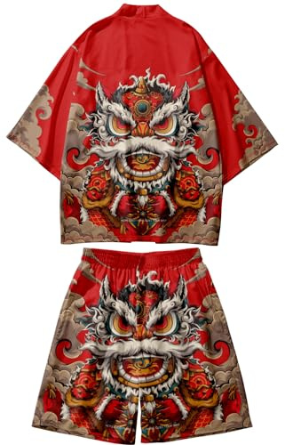 DOSLAVIDA Ensemble kimono de style japonais léger ouvert sur le devant pour homme - Tenue de plage d'été deux pièces, Short - Rouge 03, X-Large