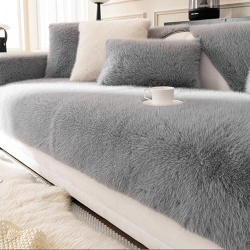 Plüsch Sofa Überzug L Form 1234, Fuzzy Sofabezug Winter Sofa Cover Sofa Auflage, Universelle rutschfeste Sofaschoner, Waschbar Superweiche SofaÜberwurf aus Kunstpelz Grau, 90 * 120cm