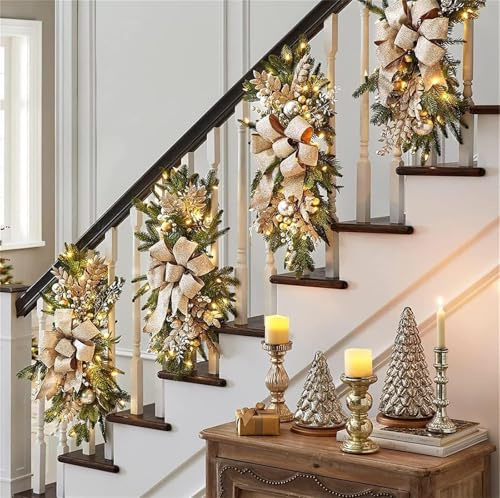 Adorno artificial de lágrima de Navidad con luces LED, tamaño grande para puerta delantera, pared, ventana, decoración de escalera (dorado, 17.7 x 7.8 pulgadas)