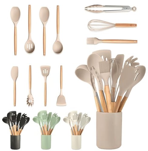 JUPPLIES 12 Piezas Juego de Utensilios de Cocina de Silicona con Mangos de Madera - Accesorios de Cocina Resistente al Calor - Utensilios Cozinha Apto para Todas Las Ollas y Sartenes Marroón