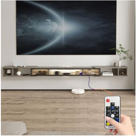 SBCGFY Mobile TV a Parete Mobile TV sospeso a Parete Moderno sospeso, Mobile TV espandibile da 2,25-3,1 Metri, sotto ripiano TV con Spazio di archiviazione p(Un Grigio con Porta in Vetro e Luce LED)