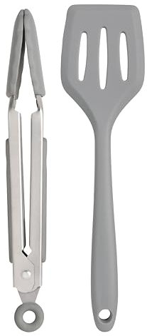 Wiltshire Silicone Mini Kitchen Tongs & Turner, Set of 2, Serving Spatula & Cooking Tongs, Salad BBQ Tongs Stainless Steel, Fish Slice, Heat-Resistant Utensil, Non-Stick, Non-Scratch, Pebble Grey