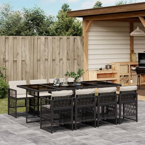 IKAYAA Rattan Gartenmöbel Set mit 8 Gartenstuhl Garten Sitzgruppe 8 Personen Polyrattan Sitzgruppe Essgruppe Outdoor Sitzgarnitur Gartengarnitur Rattanmöbel -Schwarz und Creme-9-tlg-Typ 3