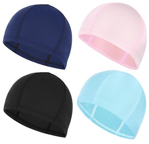 4 stycken badmössor, svart, mörkblå, havsblå, rosa, unisex | Badmössa, flexibel, högelastisk, för män och kvinnor, långt kort hår