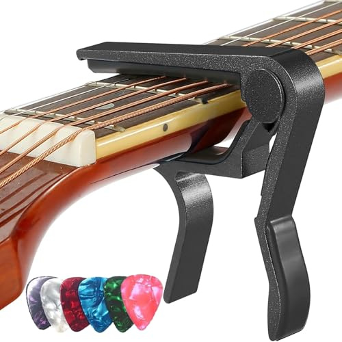Gitarren-Capo, für akustische und elektrische 6-saitige klassische Gitarren und Ukulelen, Capos mit 6 Plektren (Schwarz)