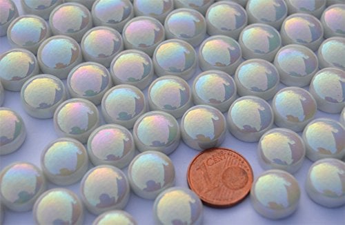 50g Glas Mosaiksteine weiß mit Regenbogenschimmer rund ca. 12 mm, Stärke ca. 6mm ca. 32 St.