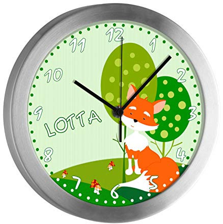 CreaDesign Kinder Funkwanduhr mit (Wunsch) Namen | Kinderzimmer Funkuhr| mit Analog ? Ziffernblatt | geräuscharm | Wanduhr Kind | Motiv Fuchs