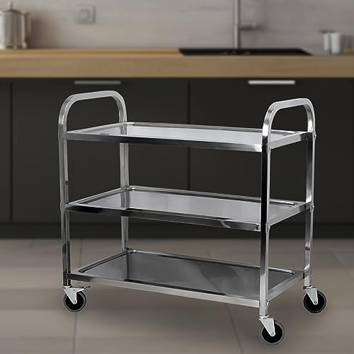 uyoyous Large 3 Tier Stainless Steel Utility Cart 950x950x500MM Kitchen Rolling Carts Serving Trolley Service Catering Storage Cart with Locking Wheels for Kitchen Hotels Restautant Use