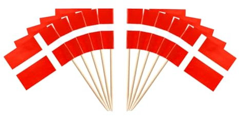 JAVD CYPS 100 Stück Dänemark-Flagge, dänische Zahnstocher-Flaggen, kleine Mini-Stick-Cupcake-Topper, dänische Flaggen, Länder-Picks, Party-Dekoration, Feier, Cocktail, Essen, Bar, Kuchenflaggen