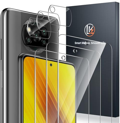 LK 6 Pack Protector de Pantalla Compatible con Xiaomi Poco X3 NFC/Poco X3/Poco X3 Pro, 3 Pack Cristal Vidrio Templado y 3 Pack Protector de Lente de cámara, Marco de Posicionamiento