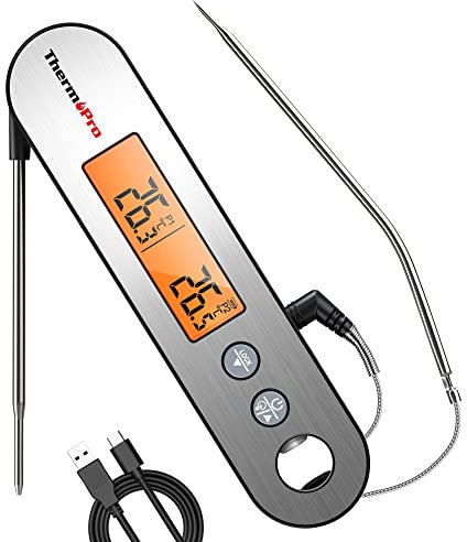ThermoPro TP610 Fleischthermometer 0.5℃ Genau USB Wiederaufladbar IPX5 Wasserdicht Küchenthermometer Flaschenöffner Grillthermometer mit Großer Anzeige Bratenthermometer für BBQ Grillen