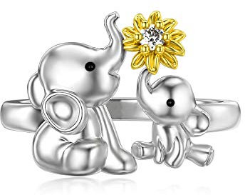 SLIACETE Elefant Ring Sterling Silber Mutter und Kind Tier Elefant mit Sonnenblume Stapelring Geschenk für Frauen Mädchen 52