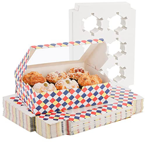 Okllen 50 Pack Kraft Cupcake Boxes with Window and Insert Hold 6 Standard Cupcakes, Food Grade Colorful Cupcake Carrier Bakery Box for Dessert, Muffins, Cookies, Pastry