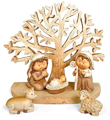 Riffelmacher Kinderkrippe mit Baum aus Polyresin 78561 | 12 x 10 cm - Weihnachtskrippe Holzoptik Maria Josef Jesus Schaf Kuh Weihnachtsgeschichte