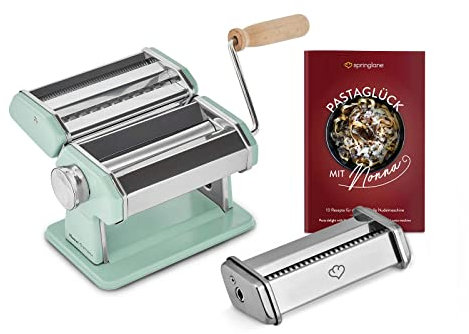 SPRINGLANE Manuelle Nudelmaschine Nonna, Edelstahl, Pastamaker inkl. Rezeptheft, Nudeltrockner, Linguineaufsatz & 3 Schneideaufsätze für Spaghetti, Lasagne, Tagliatelle - Mint