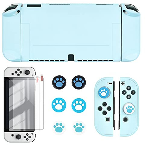DLseego Schutzhülle Cover für Switch OLED, Hard PC Shell und 2 Displayschutzfolien und 6 Niedliche Daumengriffkappen, Zubehör Kompatibel mit Nintendo Switch OLED 2021, Bleu