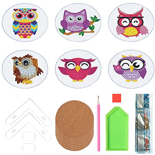 DeryArcle 6 Pièces Dessous de Verre Diamant Painting Hibou, Sous-verres Mosaïque Chouette 5D avec Support Owl Diamond Painted Coaster pour Bricolage Tapis de Tasse Maison Table Décor