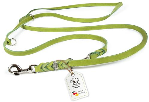 Hundeleine Leder 2,40m kleine Hunde leicht Fettlederleine [3-Fach Verstellbar] Lederleine geflochten – robuste Leine Hund mit Chrombeschlägen, Führleine Hund & Freihandleine zum Umhängen, Grün 10mm