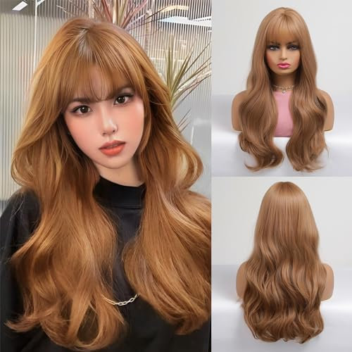 UEVIES Erdbeerblonde Pony-Perücke, Ingwerhaar, gewellt, synthetische Perücke mit Pony, natürlich, echt aussehend, 66 cm, Cosplay-Party für den täglichen Gebrauch