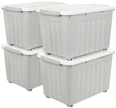 Cetomo 55L*4 Storage Boxes with Wheels, Plastic Storage Box with Lid, Latching Buckles, Click Closure, Stackable, Nesting, Durable Organizer for Home Office Clothes, Gray, 55L-4 Pack