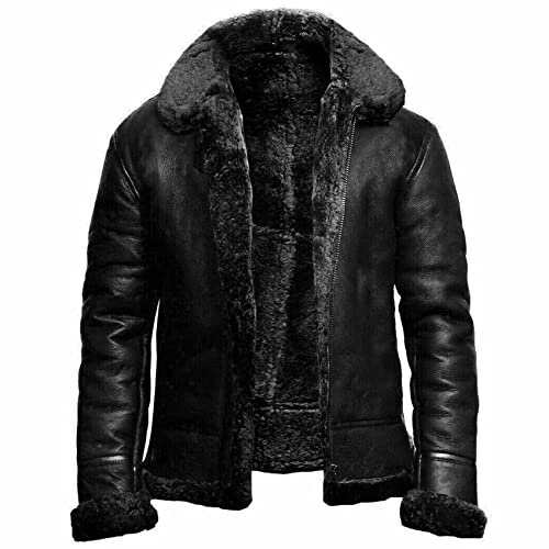 NLAVW Herren Flying Winter Jacket,Shearling Lederjacke Bomber Warm Filling Biker Motorrad Pelz Mantel Jacke,Schwarz,M
