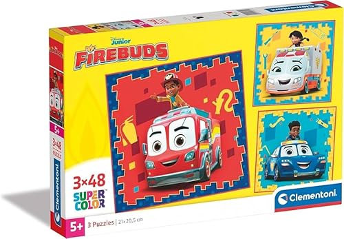 Clementoni - 25283 - Supercolor Puzzle - Disney Firebuds - 3 Puzzle mit 48 Teile Ab 5 Jahren, Buntes Kinderpuzzle Mit Besonderer Leuchtkraft & Farbintensität, Geschicklichkeitsspiel Für Kinder