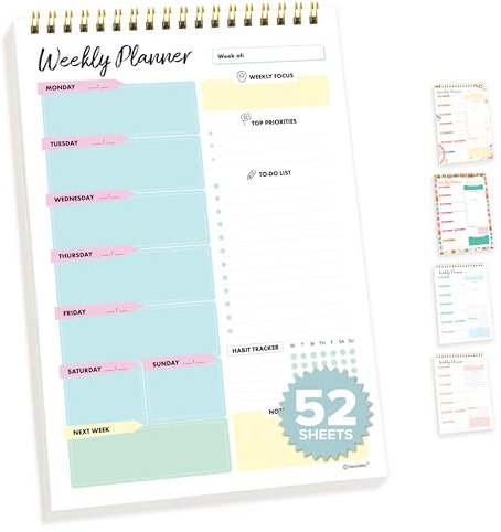 Decorably Wochenplaner-Block, Hochformat, 52 leicht abreißbare Blätter, wöchentliche To-Do-Liste, Notizblock, spiralförmige To-Do-Liste, 16,5 x 25,4 cm, gefederter Wochenplaner-Notizblock,