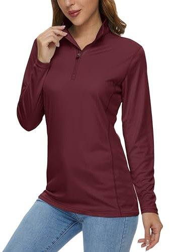 MAGCOMSEN Womens Long Sleeve Tops Moisture Wicking Quarter Zip Pullover Women UPF Sun Shirt Golf Workout Equestrian Wine Red,L