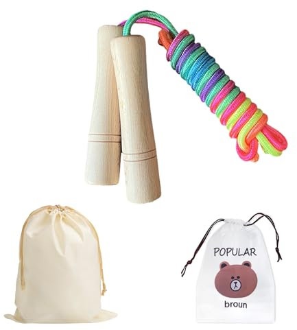 1 corda per saltare con 2 borse portaoggetti, corda per saltare con manico in legno, corda per saltare regolabile, corda per saltare colorata per bambini, adatta per sport e fitness (colore)