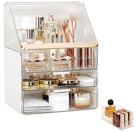 DASITON Large Capacity Makeup Organiser Storage for Vanity, Make Up Desktop Storage Box with 2 Drawers, Dustproof Bathroom Organiser for Perfume, Jewelry, Skincare and Cosmetic Products (Clear)