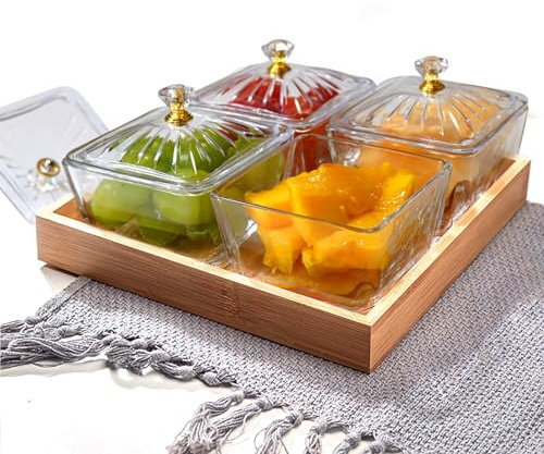 alouweekuky Cuenco de Aperitivos con Bandejas de Madera, Conjunto de 4 Cuencos de Vidrio para Servir, Cuencos para Salsas con Tapa, Se Pueden Utilizar para Preparar Aperitivo, Cargar con Frutas