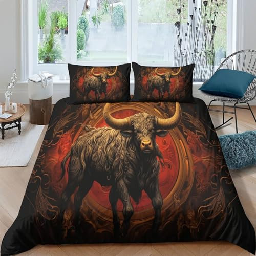AAHARYA Bettwäsche-Set, 3D-Red-Bull-Bettbezug-Set, weicher Mikrofaser-Bettbezug mit Kissenbezügen, 3-teilig, für Kinder und Mädchen, Doppelbett (200 x 200 cm)