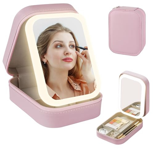 TIGARI Travel Makeup Jewelry Case with LED Mirror, Small Makeup Bag with Lighted Mirror, Three-Color Adjustable Makeup Mirror Storage Box, Portable Organizer Vanity Case for Women Beauty Tools, Pink