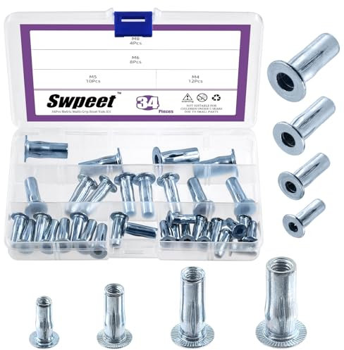 Swpeet Lot de 34 écrous à rivets métriques en acier au carbone galvanisé blanc multi-grip avec tige bulged à tête plate filetée et fixations de construction 4 tailles M4 M5 M6 M8