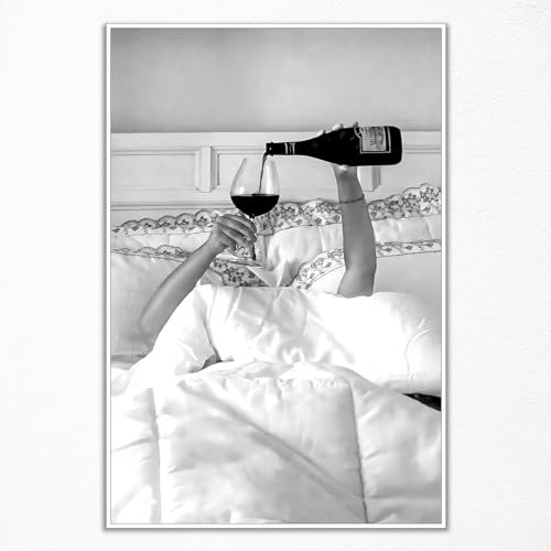 Anslipswar Preppy Canvas Wall Art, Girl In Bed with Champagne Pictures, Modern Neutral Fashion Poster Trendy Teen Girl Funky Home Wall Decor for Living Room Bar Cart 12x16in Unframed