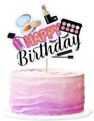 Blumomon 1Pcs Glitter Makeup Cake Topper Cosmetics Cake Decoration Picks Eyelash Perfume Lipstick Happy Birthday Cake Decoration for Girls Birthday Bachelorette Party Supplies