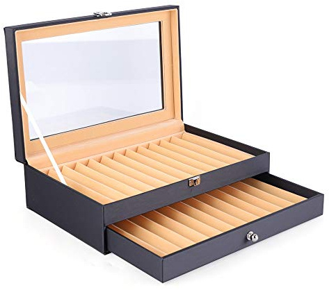 Wiyuer 2 Etagen Füllfederhalter Aufbewahrungsbox Stifthalterbox Füllhalter Vitrine Geschenk Stifteetui PU Leder Box Stift Display Case für 24 Pen Füllfederhalter Schwarz 30.5x 20x 9.5 Cm
