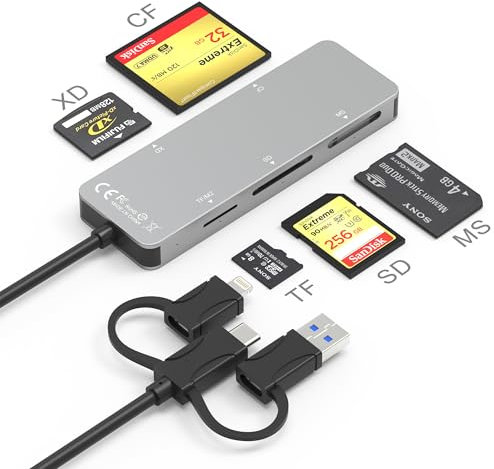 Memory Stick Pro Duo Adaptador, 6 EN 2 Tarjetas Imagen SD/TF/M2/MS/XD/CF Card Adapter, Tarjetas Múltiples de Lightning+USB A+USB C, Adaptador Tarjetas OTG de Alta Velocidad de 5 Gbps, Memoria XD Adapt
