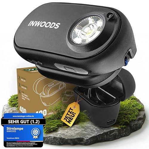 INWOODS Stirnlampe LED wiederaufladbar [INTEGRIERTES BAND + LADE CASE] | 400lm & Rotlicht - Kopflampe 53g für Camping, Wandern, Sport