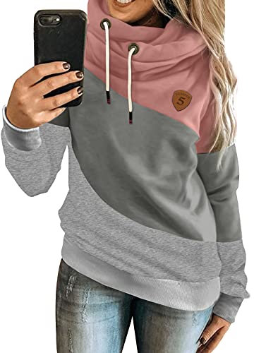 Dokotoo Damen Kapuzenpullover Stehkragen Hoodie Pullover Farbblock Sweatshirt Langarmshirt Oberteil für Herbst Winter, rosa, L