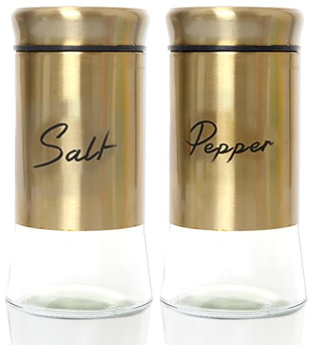 Salt and Pepper Shakers Set 150ml Glass Salt and Pepper Shakers with Stainless Steel Lids Refillable Spice Shaker Accessories for Kitchen Restaurant Gold Salt Pepper Shakers