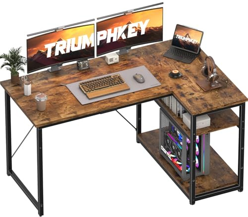TRIUMPHKEY 140 * 80cm L Shaped Computer Desk with Reversible Large Storage Shelves, Corner Desk Computer Workstation Matching Under Desk Height Adjustable Storage, Home Office Work Table Brown
