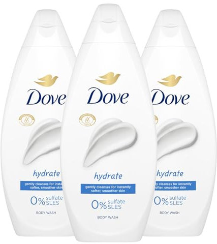 Dove Body Wash 0% Sulfate SLES for Women Made with Naturally Derived Cleansers and Plant Based Moisturiseres Gently Cleanses for Softer and Smoother Skin, 225ml (3 Pack, Hydrate)