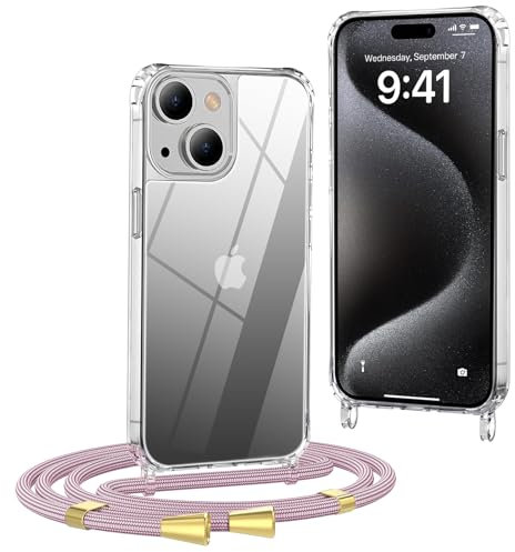 OLEPHY Crossbody Lanyard Case Compatible with iPhone 14 with Strap, Necklace Mobile Phone Cover with Adjustable and Removable Neck Strap, Transparent Shockproof Protective Case, Rose Gold