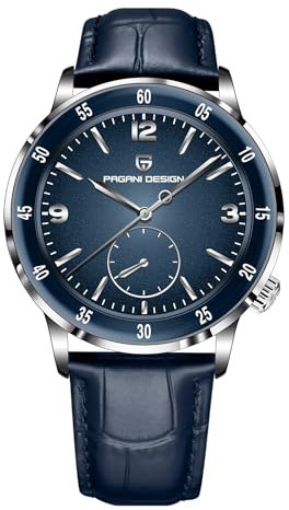 Pagani Design Herren-Automatikuhr Leicht ablesbares großes Zifferblatt Mechanische Uhr Synthetisches Saphirglas 100 Meter wasserdicht Ultraflache Herren-Lederuhr（Silber und Blau）