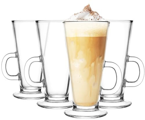 Glasmark KROSNO 1992 Lot de 4 verres à café avec anse Latte 4 pièces 250 ml Café Thé Latte Verre Tasses à thé Tasses en verre Verre à boire Passe au lave-vaisselle