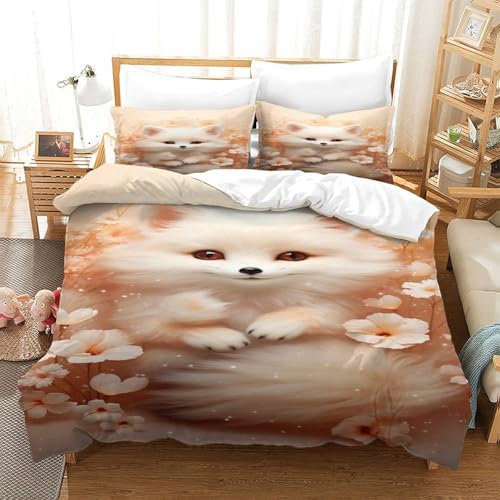 VUDBELAFC Orange Blume Fuchs Bettbezug Set Bettwäsche-Sets Kinderbettwäsche-Set Reißverschluss Mit Kissenbezügen Betten Set Für Jugendliche Kinder Schlafzimmer Single（140x200cm）