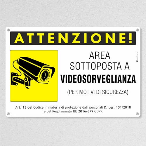 Pubblimania Cartello ATTENZIONE AREA VIDEOSORVEGLIATA ORIZZONTALE. Alluminio composito spessore 3 mm, per esterno/interno (Cm 15x20)