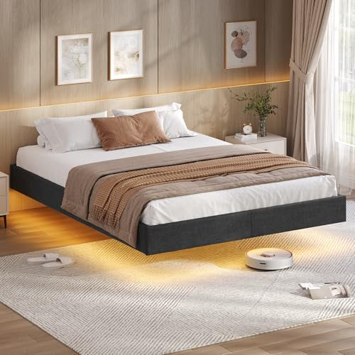 KIMENICH Lit 140 x 190 cm, avec lumières LED et Sommier à Lattes en Bois, Cadre de Lit 140 x 190 pour Chambre, Flottant, Facile à Assembler, Lin Gris