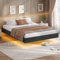 KIMENICH Lit 140 x 190 cm, avec lumières LED et Sommier à Lattes en Bois, Cadre de Lit 140 x 190 pour Chambre, Flottant, Facile à Assembler, Lin Gris